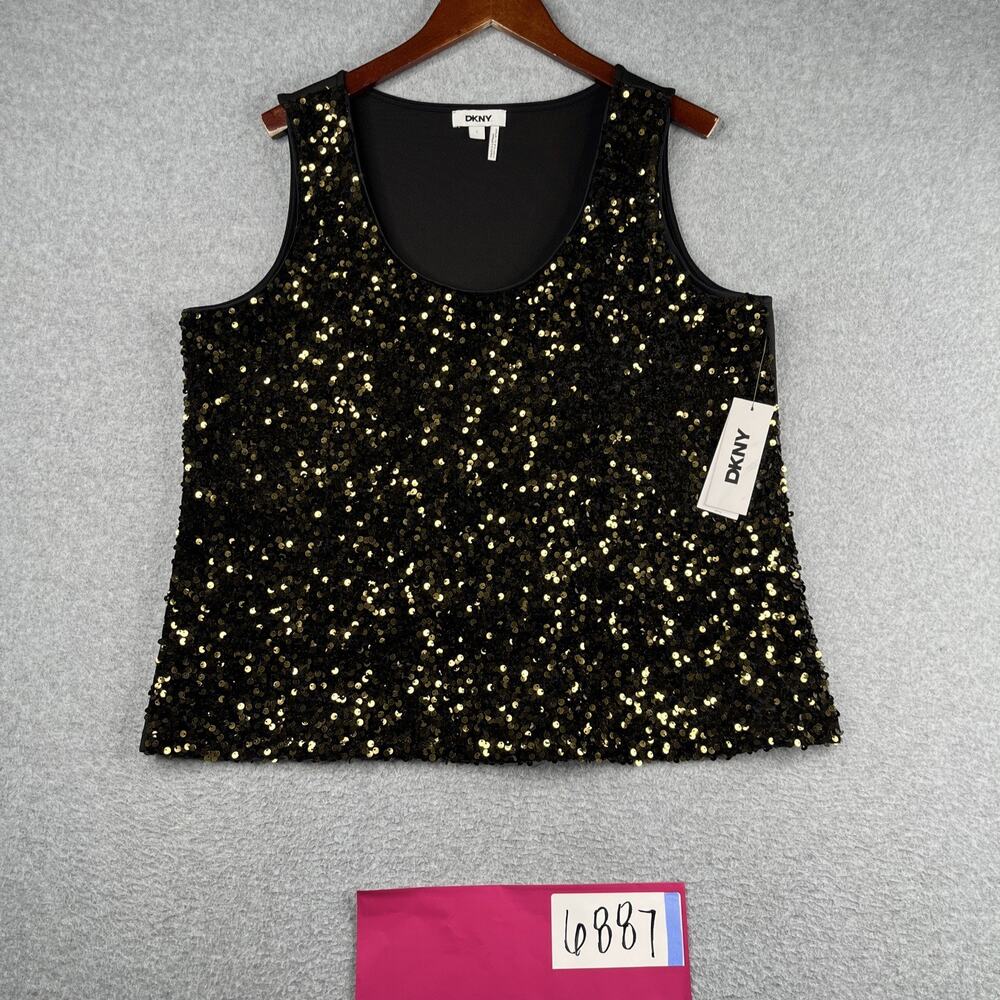 DKNY Gold Sequin Tank Top Womens Large Sleeveless Casual New NWT